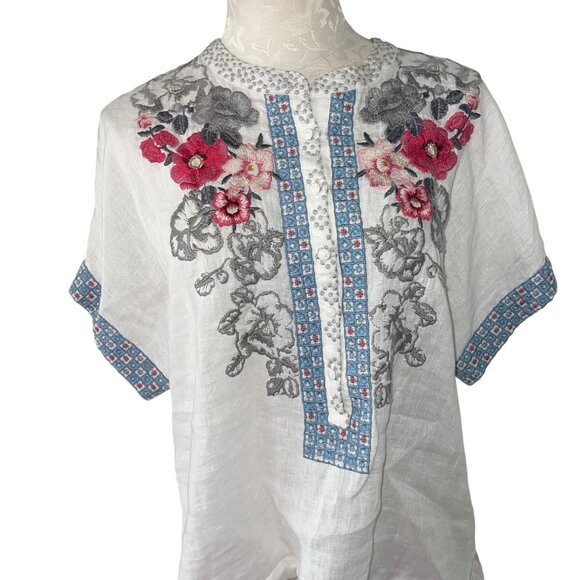 Johnny Was Womens Top Size Small White Embroidered Floral Casual Pure Linen - Picture 12 of 12